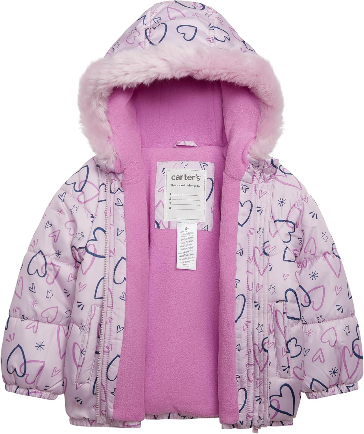 imageCarters Girls 2Piece Snowsuit Puffer Jacket and Skibib Snow Pants Toddler and Big KidsAll Lilac Heart