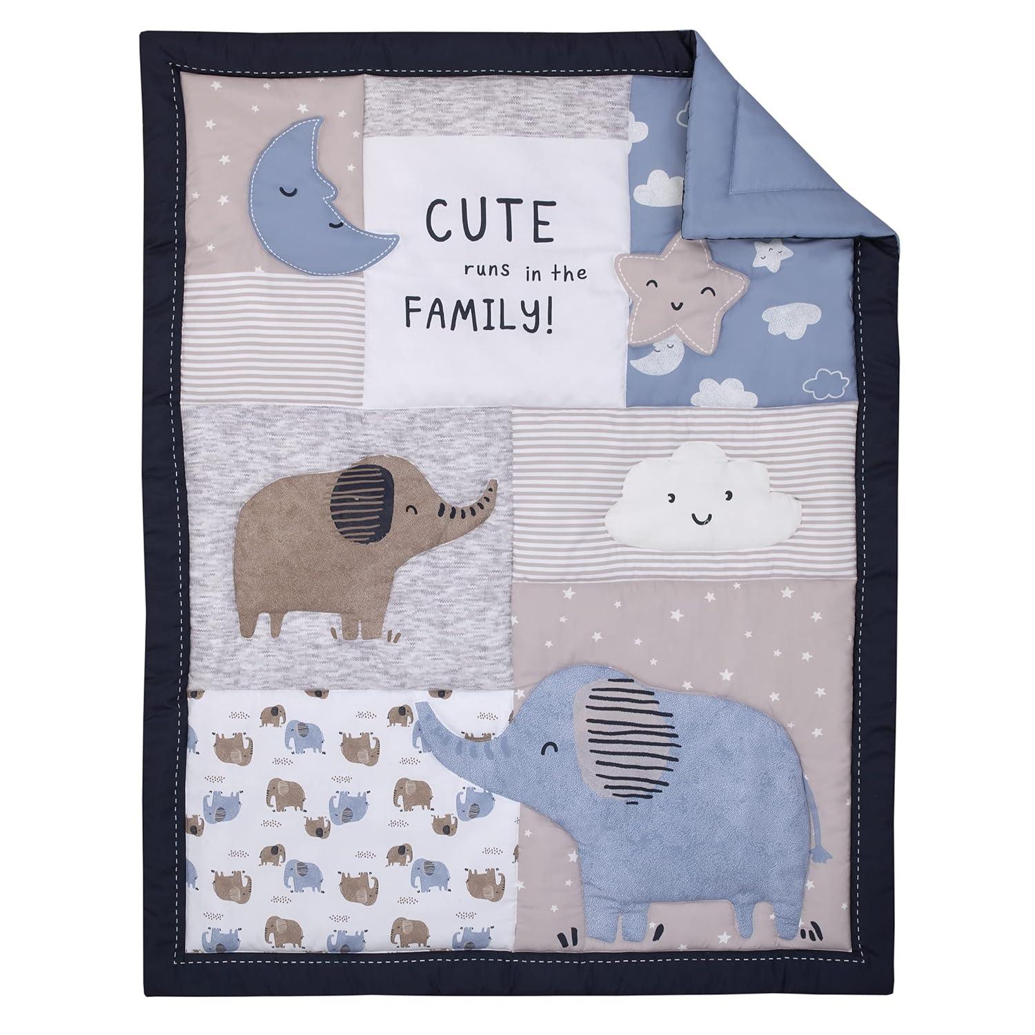 imageNoJo Carters Blue Elephant Chambray Navy Gray and White Elephant Moon Clouds and Stars 3 Piece Nursery Crib Bedding Set Comforter Fitted Crib Sheet and Crib Skirt
