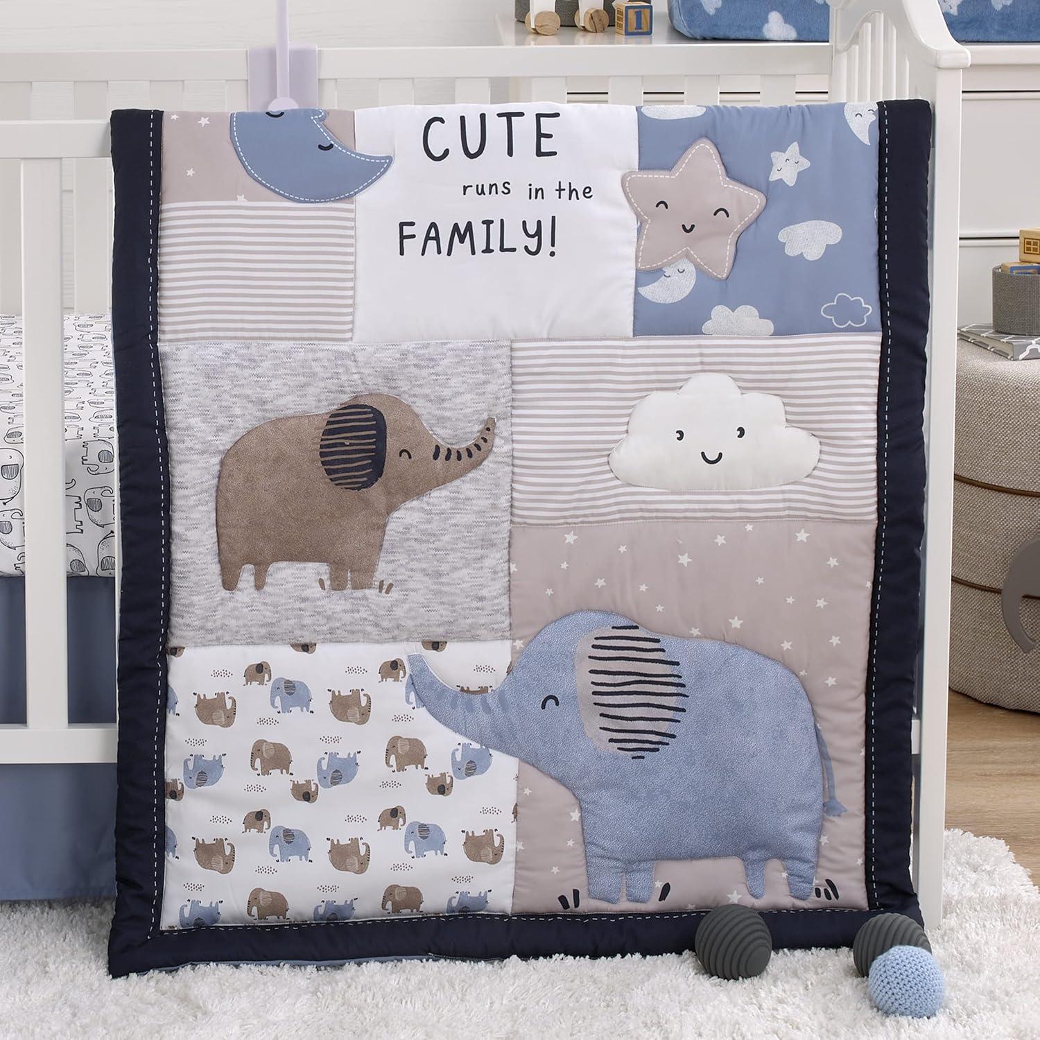 imageNoJo Carters Blue Elephant Chambray Navy Gray and White Elephant Moon Clouds and Stars 3 Piece Nursery Crib Bedding Set Comforter Fitted Crib Sheet and Crib Skirt