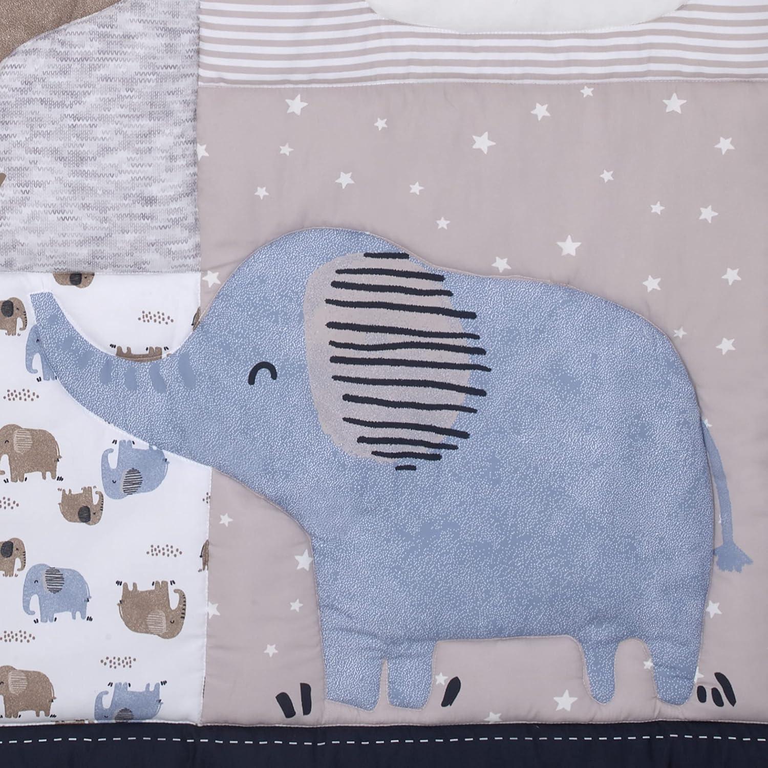 imageNoJo Carters Blue Elephant Chambray Navy Gray and White Elephant Moon Clouds and Stars 3 Piece Nursery Crib Bedding Set Comforter Fitted Crib Sheet and Crib Skirt