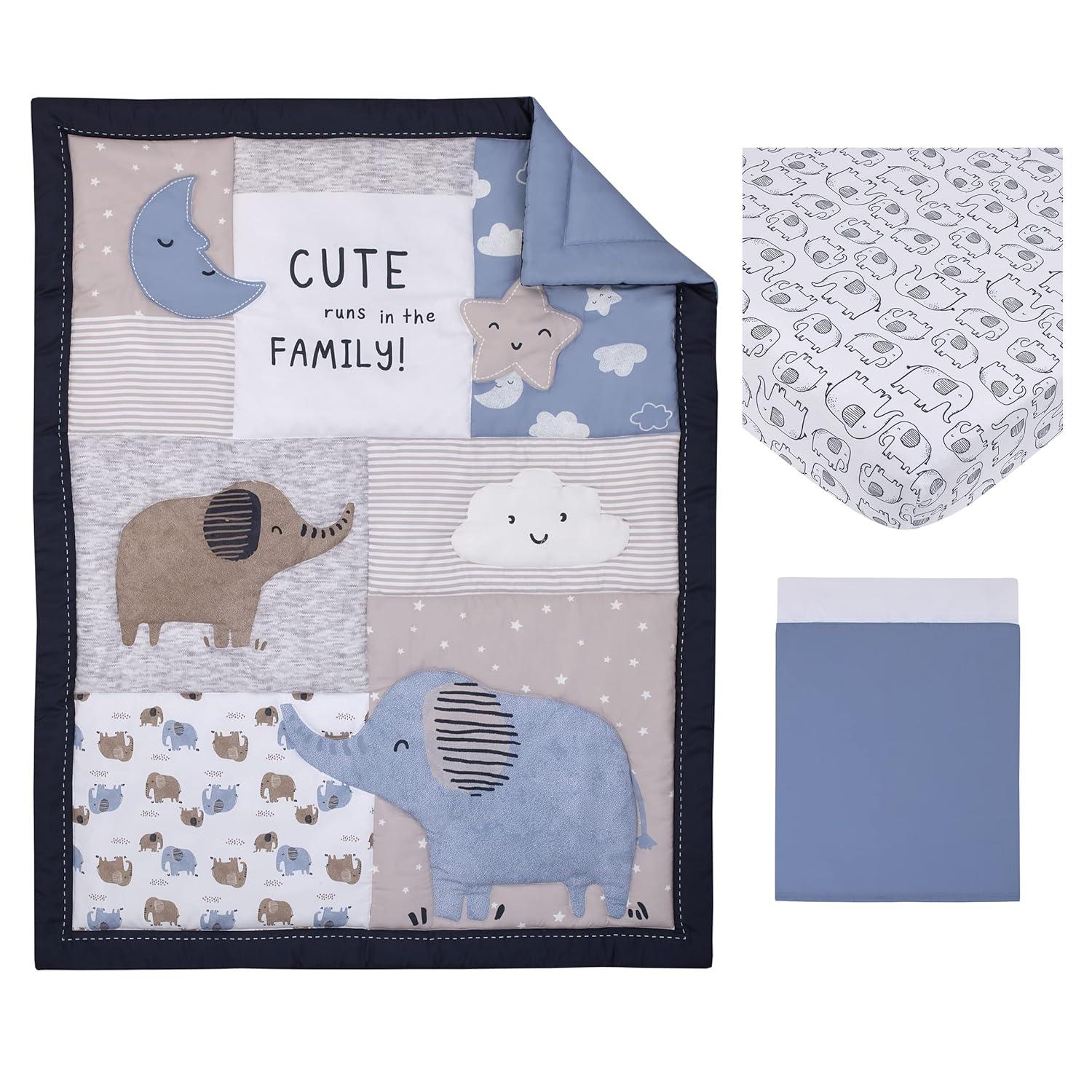 imageNoJo Carters Blue Elephant Chambray Navy Gray and White Elephant Moon Clouds and Stars 3 Piece Nursery Crib Bedding Set Comforter Fitted Crib Sheet and Crib Skirt