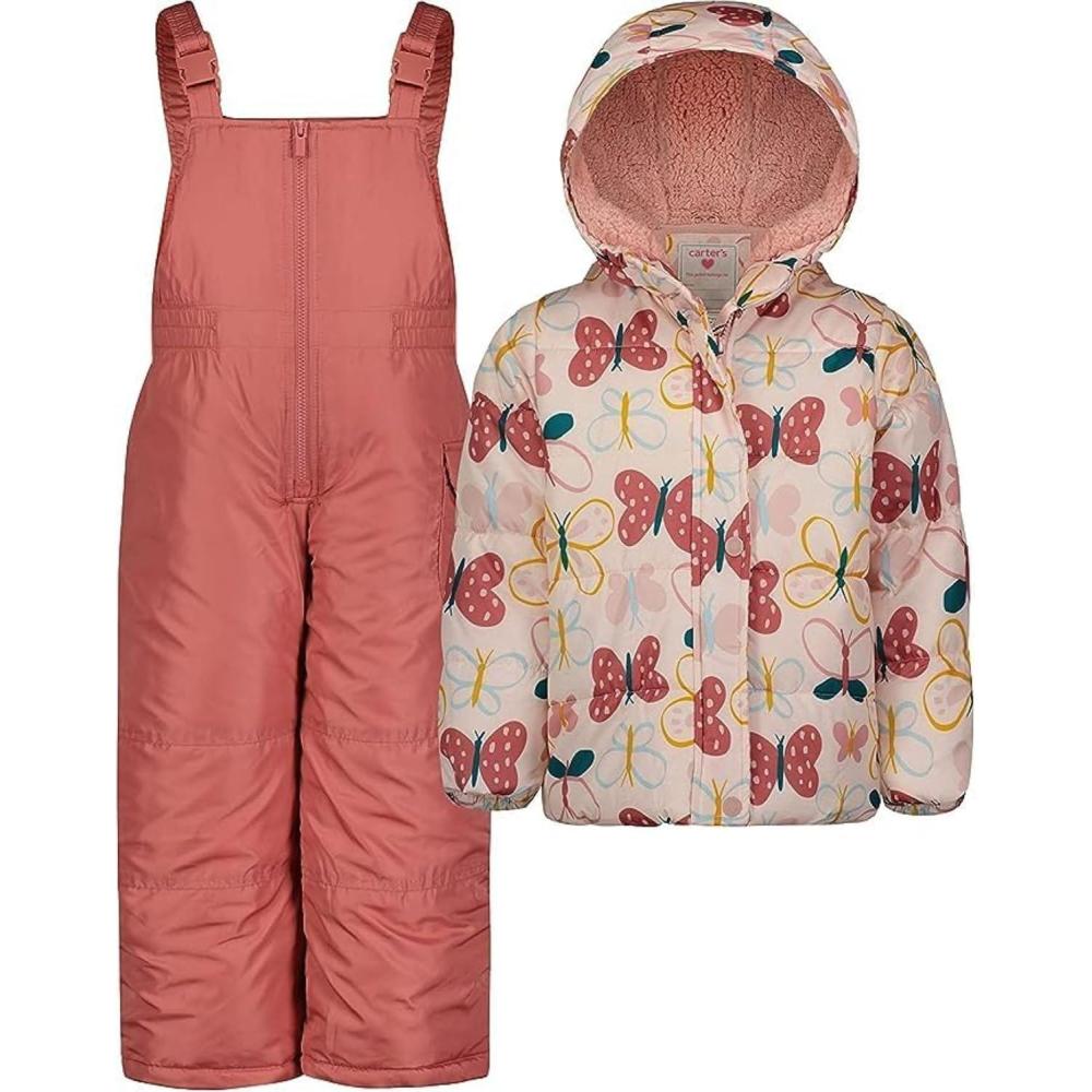 imageCarters Girls 2Piece Snowsuit Puffer Jacket and Skibib Snow Pants Toddler and Big KidsButterfly Coral