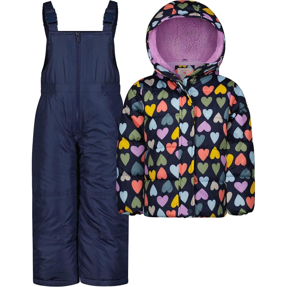 imageCarters Girls 2Piece Snowsuit Puffer Jacket and Skibib Snow Pants Toddler and Big KidsMulti Heart Navy