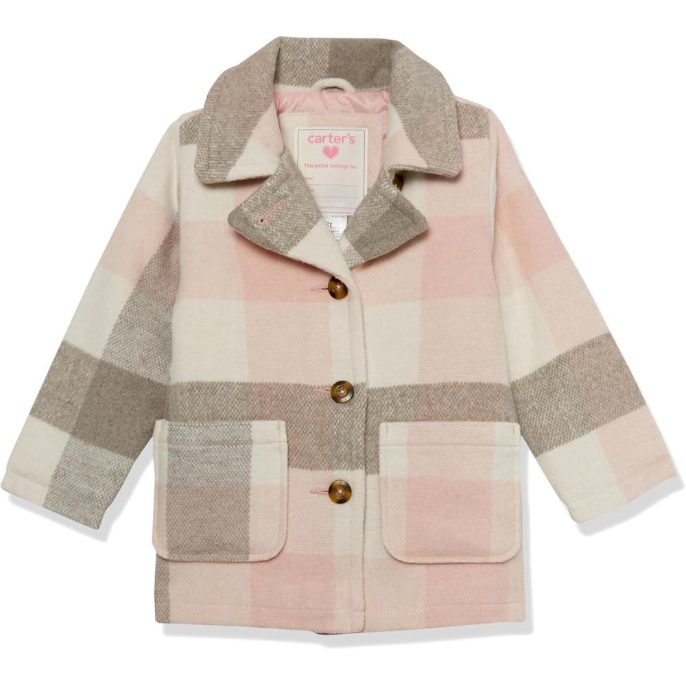 imageCarters Toddler ampamp Little Girls Midweight Fleece Lined Hooded Raincoat Rain JacketPink Grey Plaid