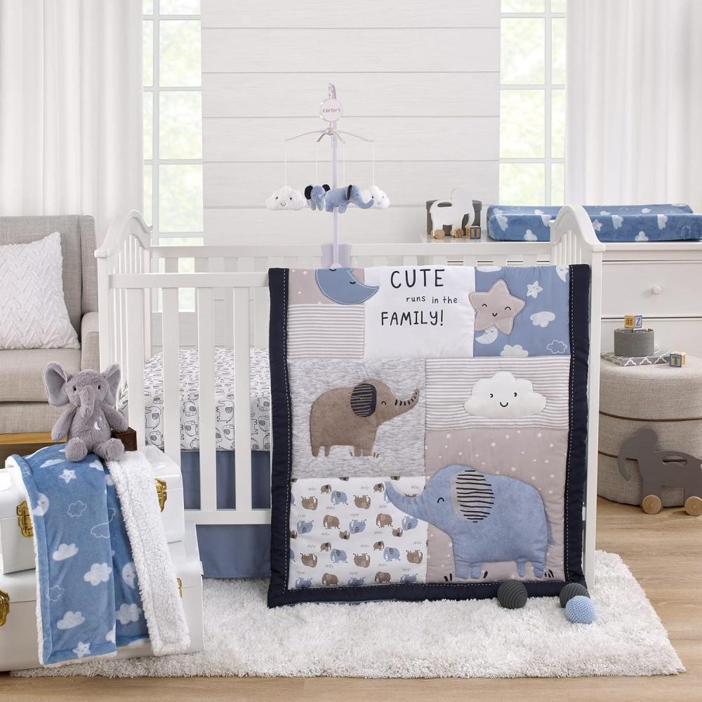 imageNoJo Carters Blue Elephant  Chambray Navy Gray and White Elephant Moon Clouds and Stars 3 Piece Nursery Crib Bedding Set  Comforter Fitted Crib Sheet and Crib Skirt