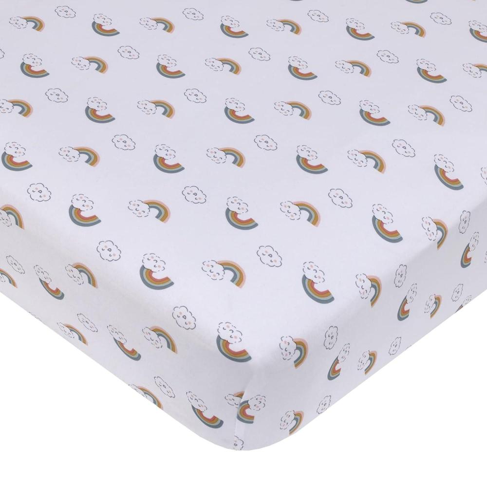 imageNoJo Carters Chasing Rainbows White Peach Teal and Gold Clouds and Rainbows Super Soft Fitted Crib Sheet
