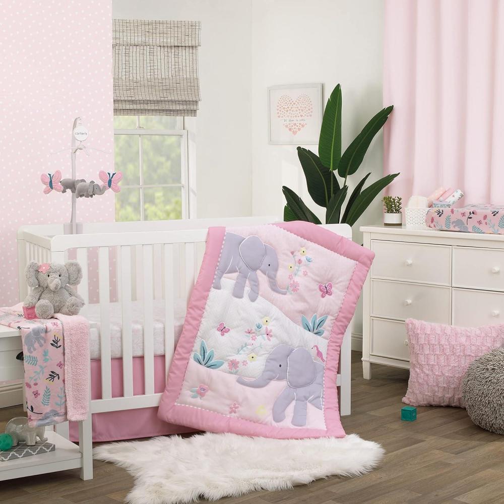 imageNoJo Carters Floral Elephant Pink and Gray Bird Butterfly and Flowers 3 Piece Nursery Crib Bedding Set  Comforter Fitted Crib Sheet and Crib Skirt