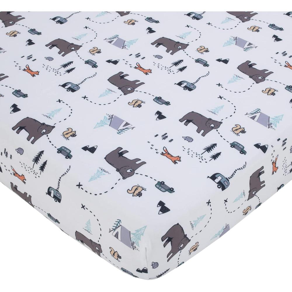 imageNoJo Carters Woodland Friends White and Multi Colored Bear Fox Squirrel Tree and Camper Fitted Crib SheetCrib