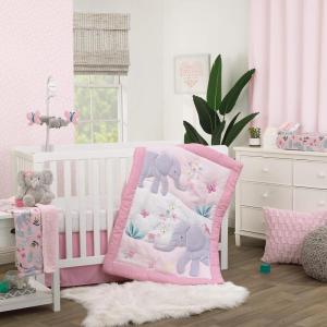 NoJo Carter’s Floral Elephant Pink and Gray Bird, Butterfly and Flowers 3 Piece Nursery Crib Bedding Set – Comforter, Fitted Crib Sheet, and Crib Skirt