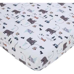NoJo Carter’s Woodland Friends White and Multi Colored Bear, Fox, Squirrel, Tree, and Camper Fitted Crib Sheet(Crib)