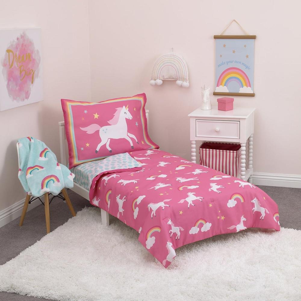 imageCARTERS Rainbow Unicorn 4 Piece Toddler Bedding Set Pink Aqua White