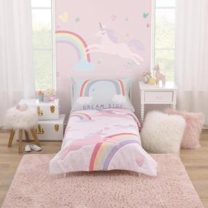 NoJo Carter’s Rainbow Unicorn Pink, Purple, and Aqua Dream Big 4 Piece Toddler Bed Set – Comforter, Fitted Bottom Sheet, Flat Top Sheet, and Reversible Pillowcase