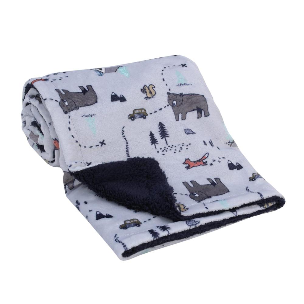 imageNoJo Carters Woodland Friends Gray and Multi Colored Bear and Fox Squirrel Tree Tent and Campfire Super Soft Baby Blanket