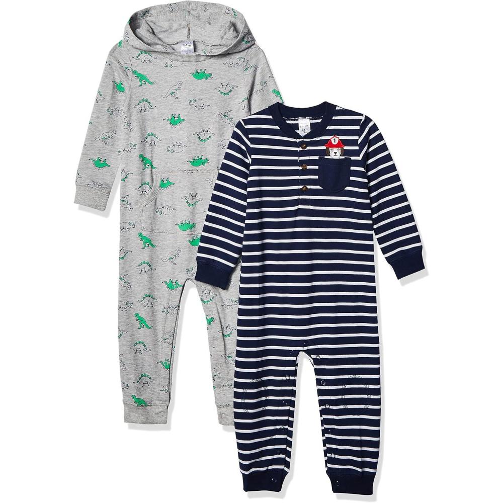 imageCarters babyboys 2pack Onepiece RomperJumpsuitGrey DinoNavy Stripe