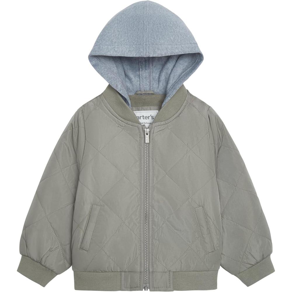 imageCarters babyboys Midweight Quilted Bomber Jacket With Sweatshirtstyle HoodGreen
